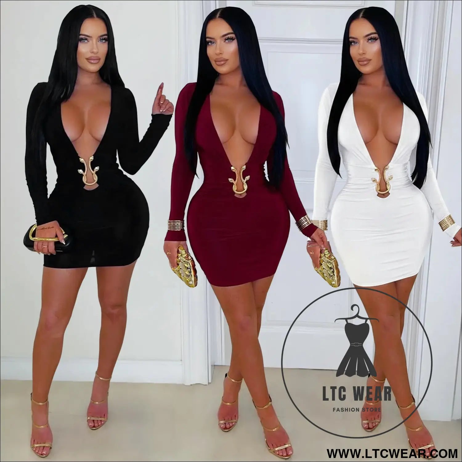 Fashionable women’s sexy deep v-neck bodycon dress with snake pattern accessories
