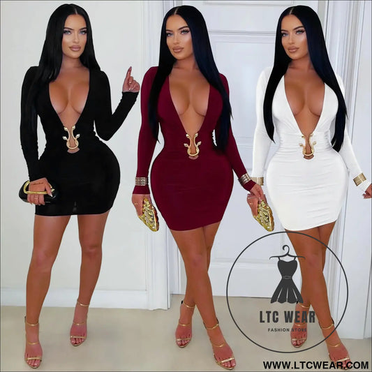 Fashionable women’s sexy deep v-neck bodycon dress with snake pattern accessories