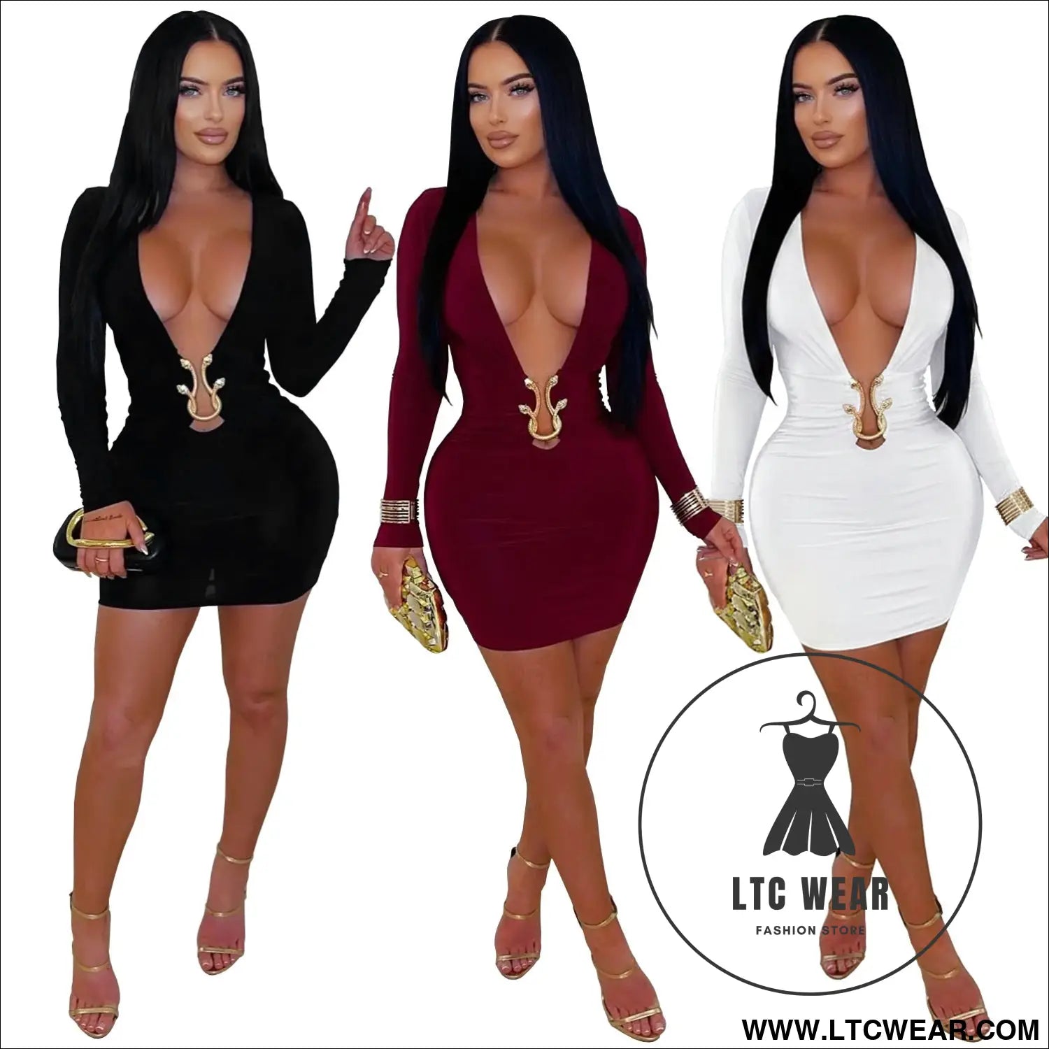 Fashionable women’s sexy deep v-neck bodycon dress with snake pattern accessories
