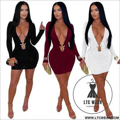 Fashionable women’s sexy deep v-neck bodycon dress with snake pattern accessories