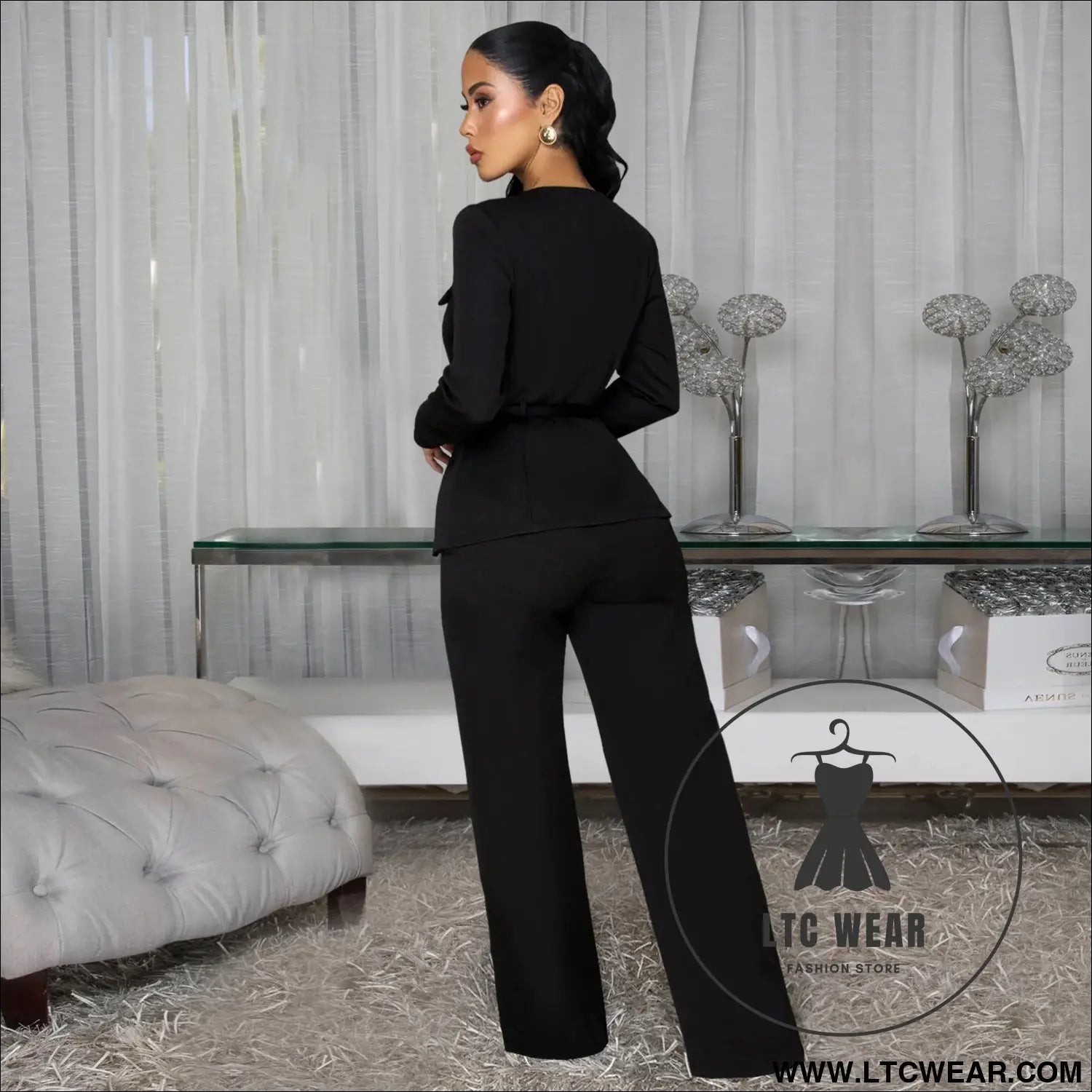 Fashionable women’s slimming belted top and pants set