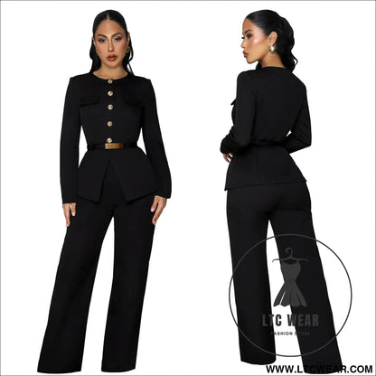 Fashionable women’s slimming belted top and pants set