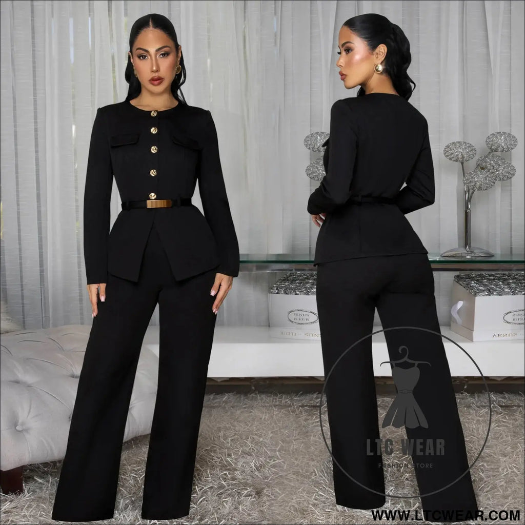 Fashionable women’s slimming belted top and pants set