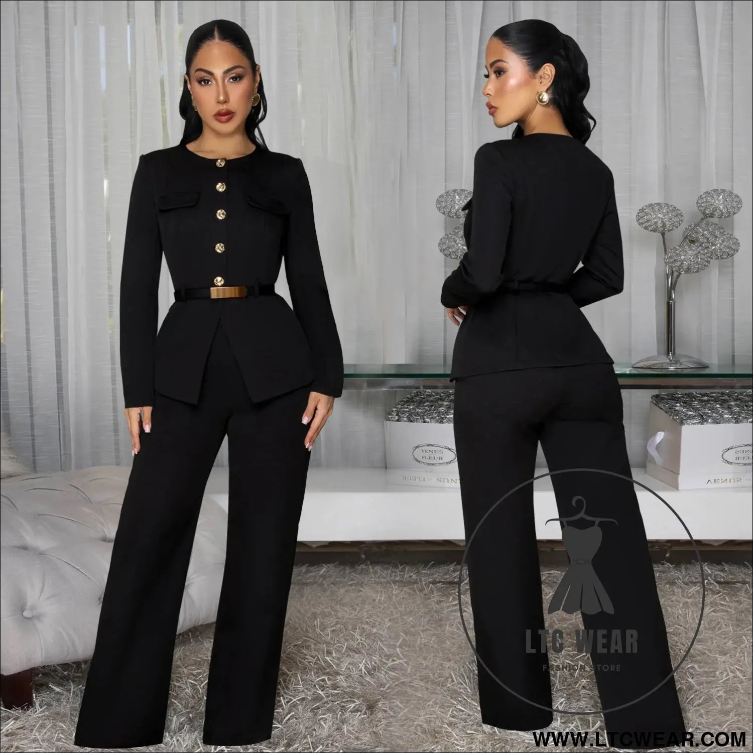 Fashionable women’s slimming belted top and pants set