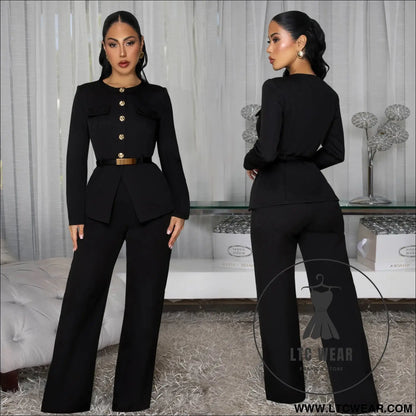 Fashionable women’s slimming belted top and pants set