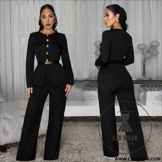 Fashionable women’s slimming belted top and pants set