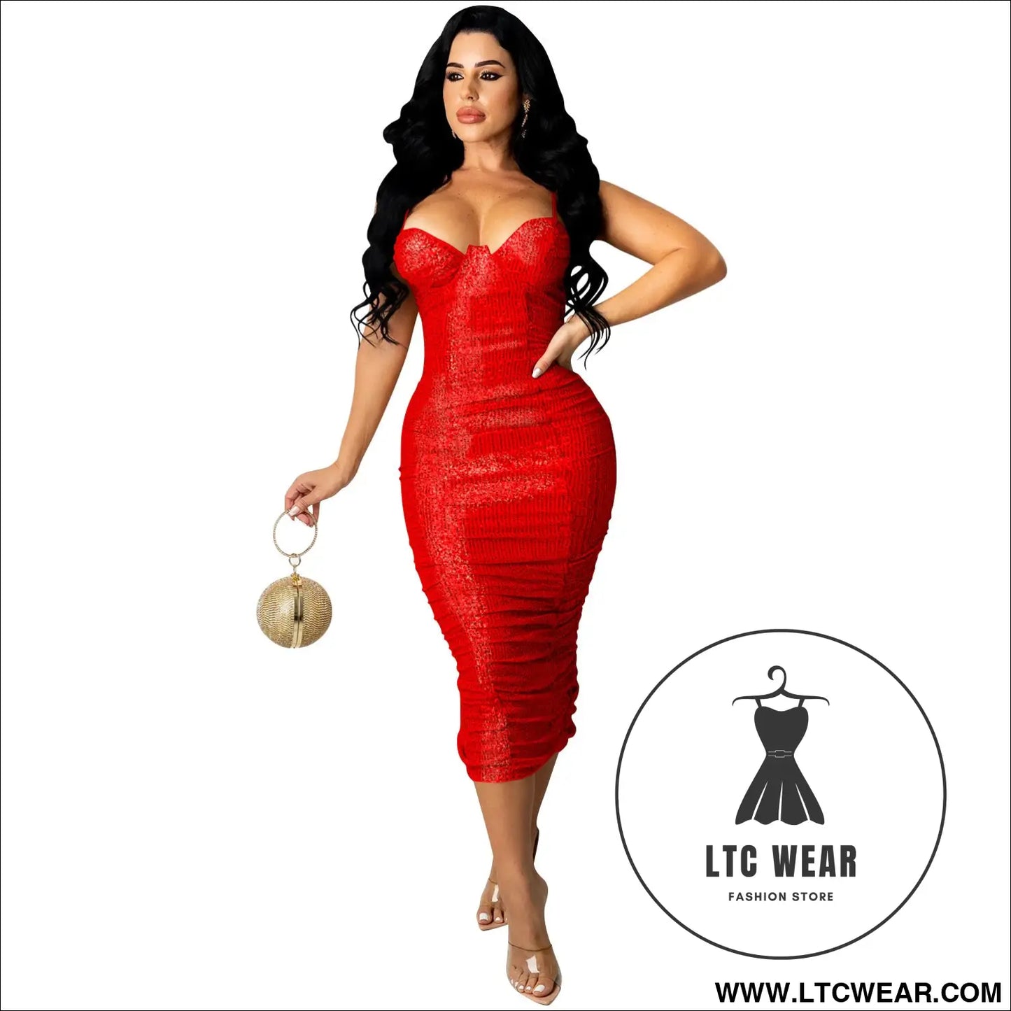 Fashionstyle sequin sexy strap split long dress for women - red / s