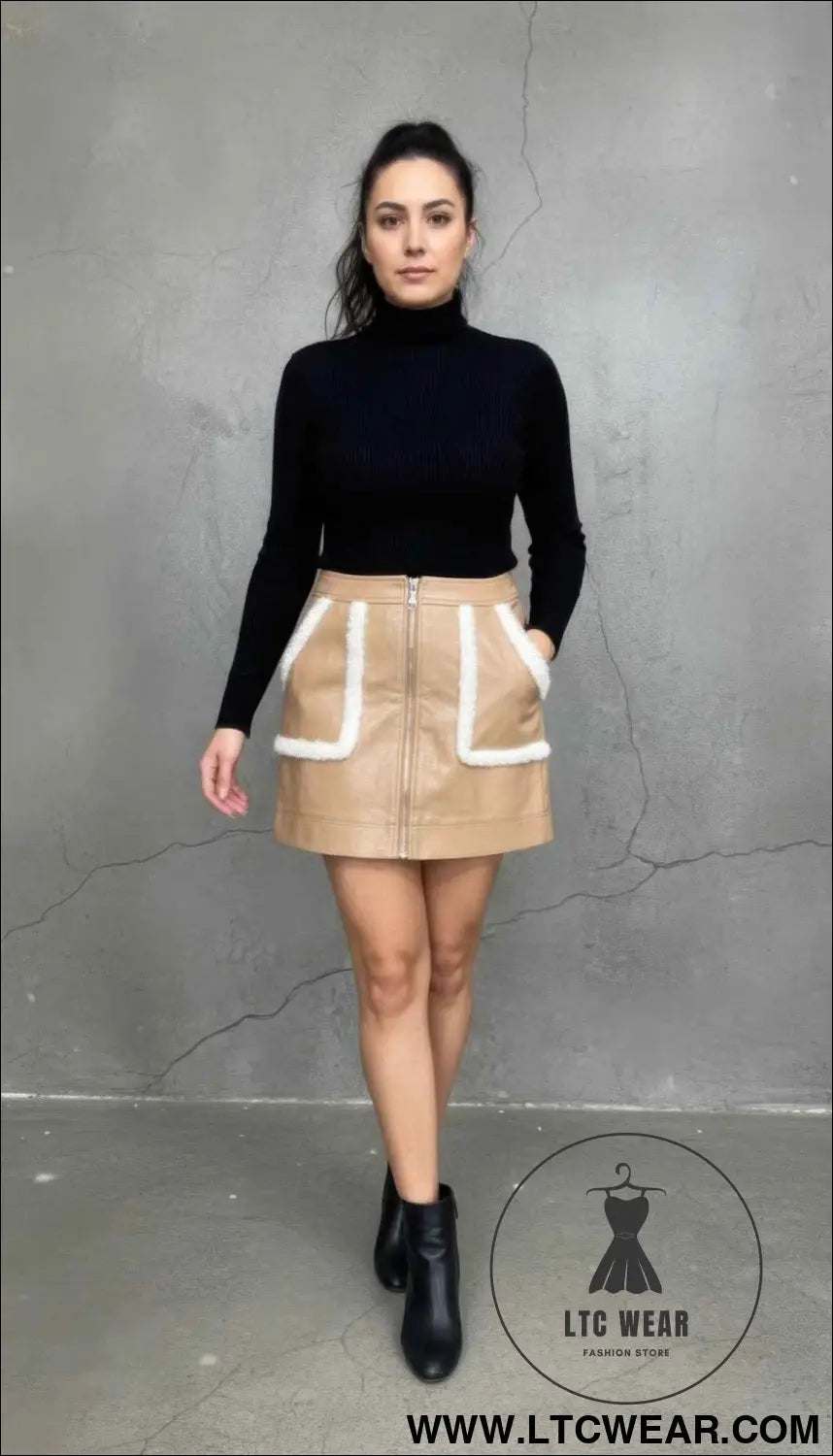 Faux Lather Skirt With Fur Accent