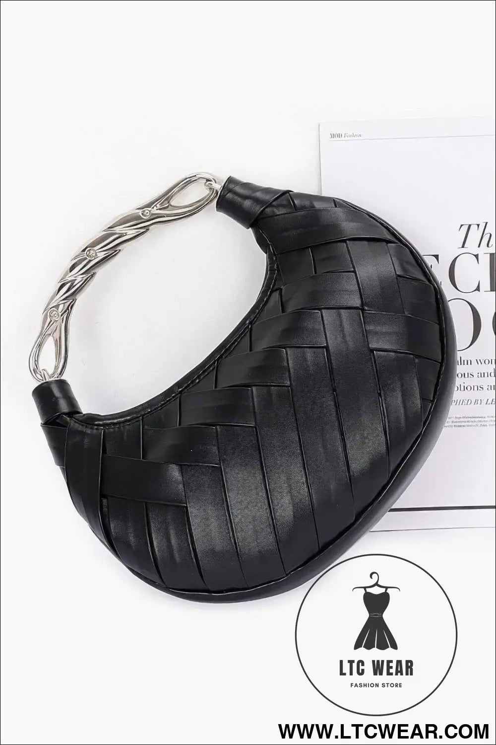 Faux Leather Braided Metal Handle Clutch