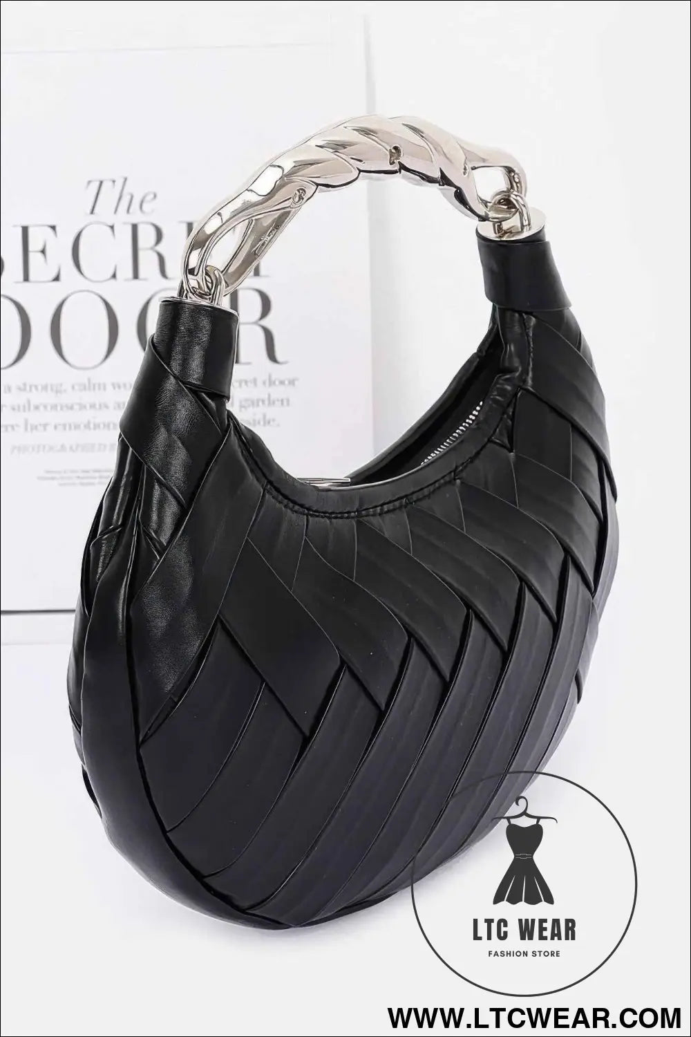 Faux Leather Braided Metal Handle Clutch