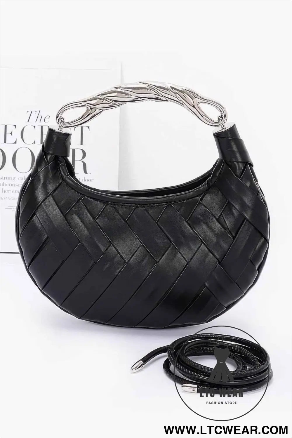 Faux Leather Braided Metal Handle Clutch