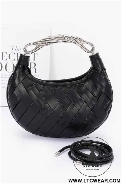 Faux Leather Braided Metal Handle Clutch