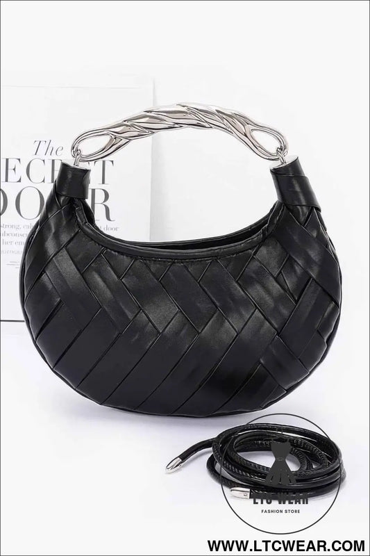 Faux Leather Braided Metal Handle Clutch