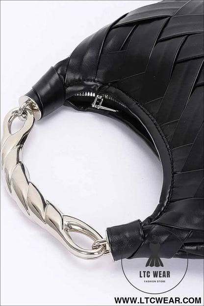 Faux Leather Braided Metal Handle Clutch