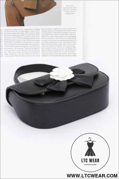 Faux Leather Flower Ribbon Top Handle Flap Bag