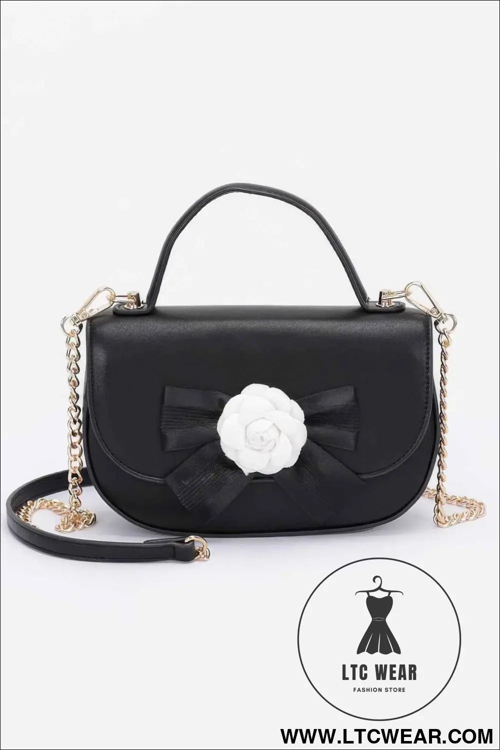 Faux Leather Flower Ribbon Top Handle Flap Bag