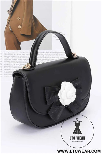 Faux Leather Flower Ribbon Top Handle Flap Bag