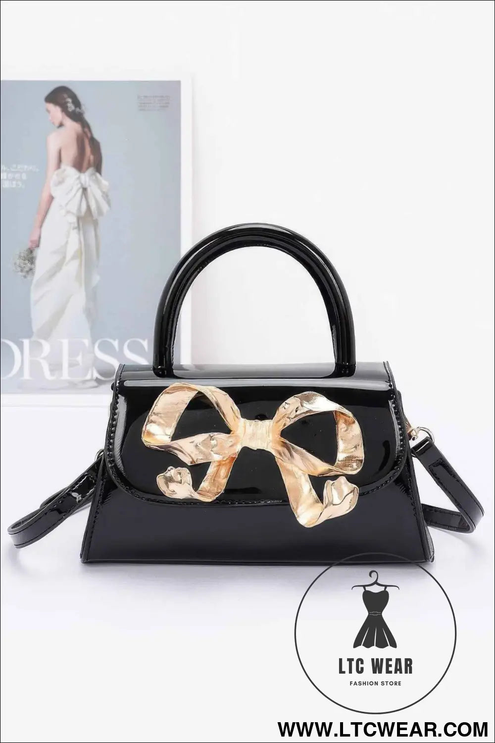 Faux Leather Metal Ribbon Top Handle Bag