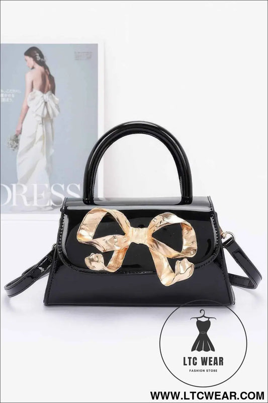 Faux Leather Metal Ribbon Top Handle Bag