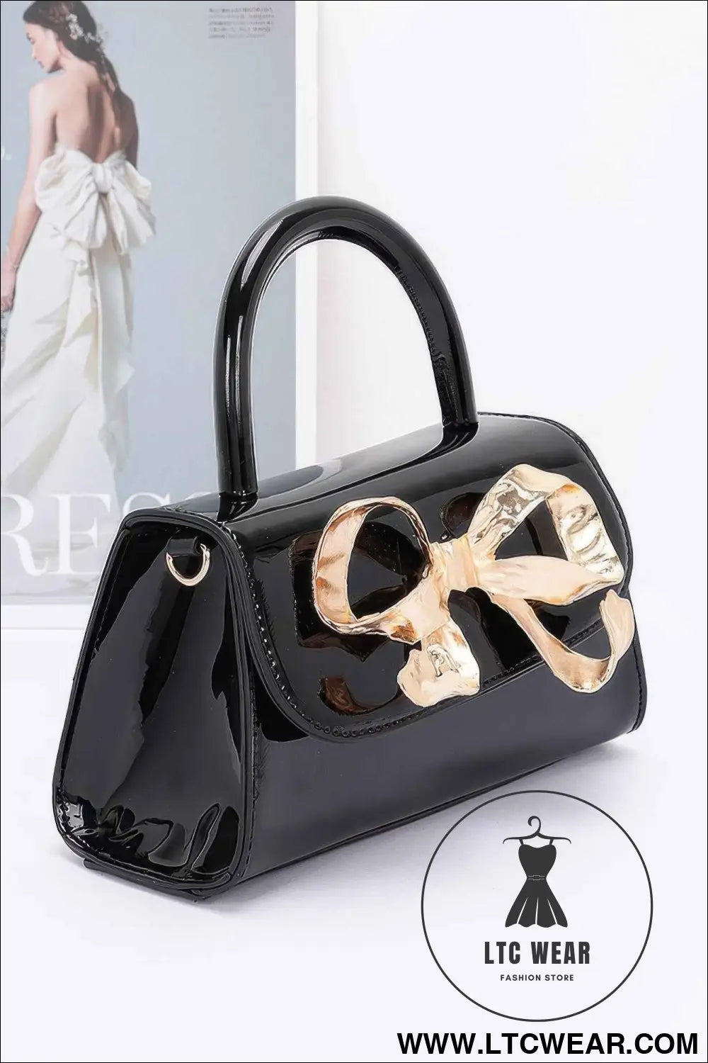 Faux Leather Metal Ribbon Top Handle Bag