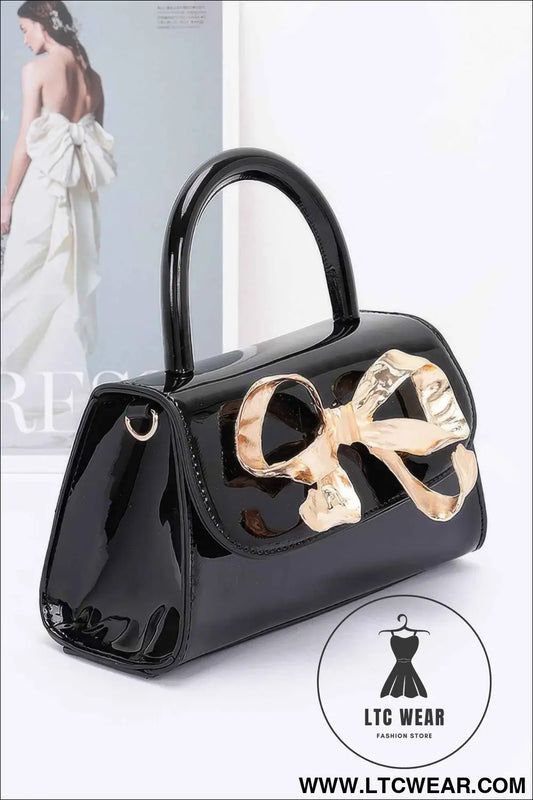 Faux Leather Metal Ribbon Top Handle Bag
