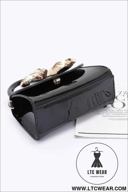 Faux Leather Metal Ribbon Top Handle Bag