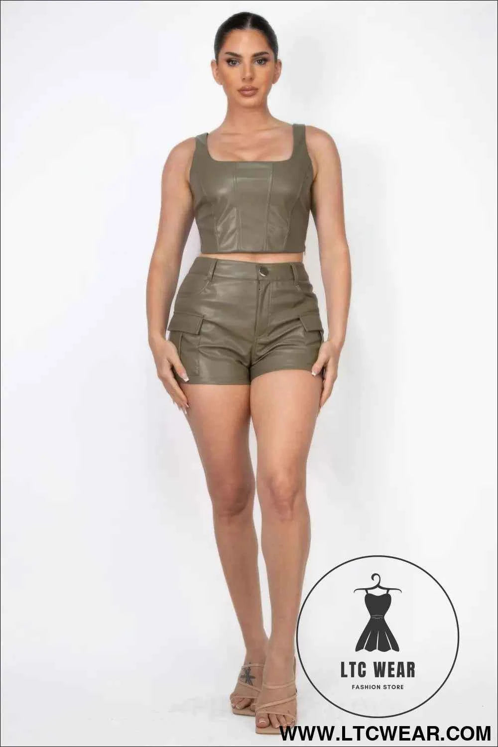 Faux Leather Square Zippered Crop Top