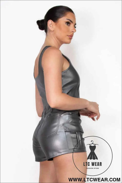 Faux Leather Square Zippered Crop Top