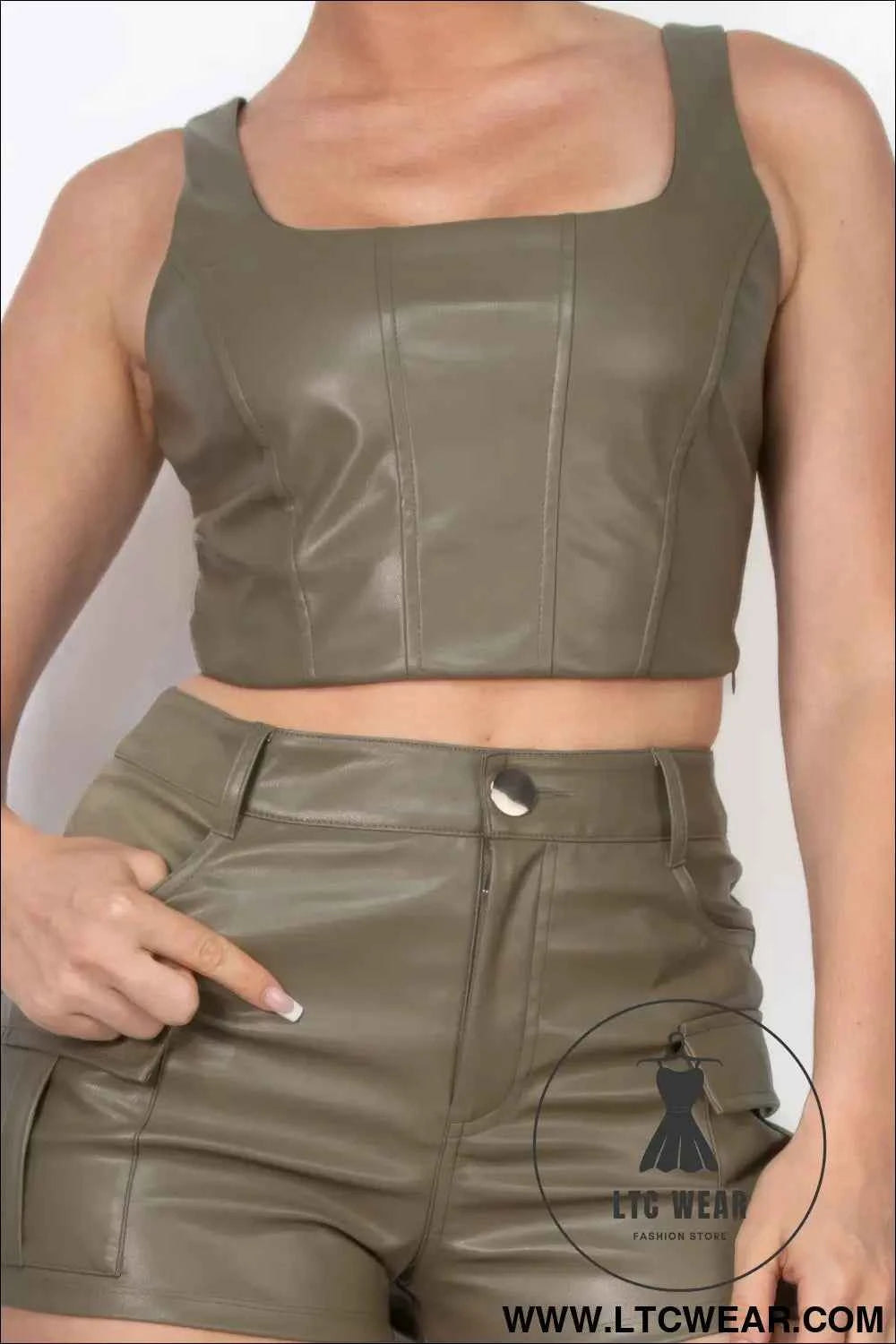 Faux Leather Square Zippered Crop Top