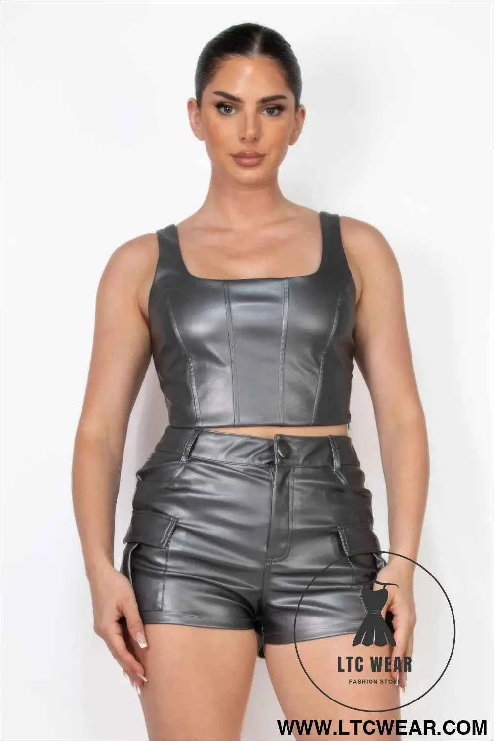 Faux Leather Square Zippered Crop Top