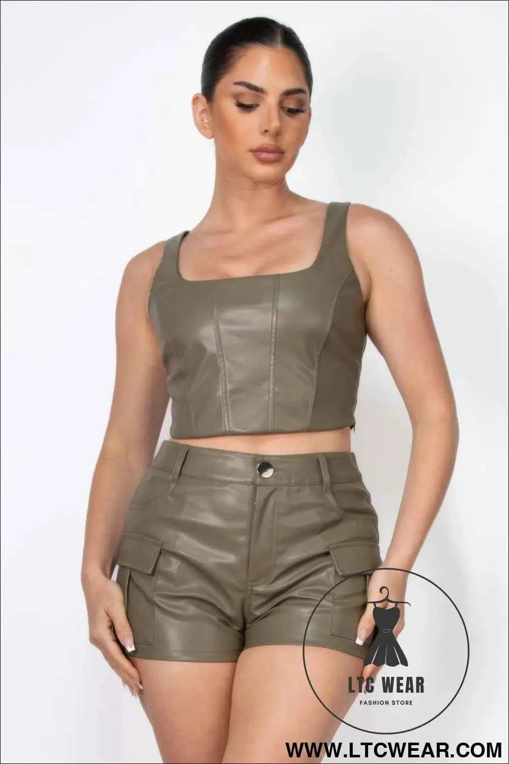 Faux Leather Square Zippered Crop Top