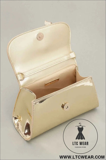 Faux Mirror Leather Ribbon Metal Top Handle Bag