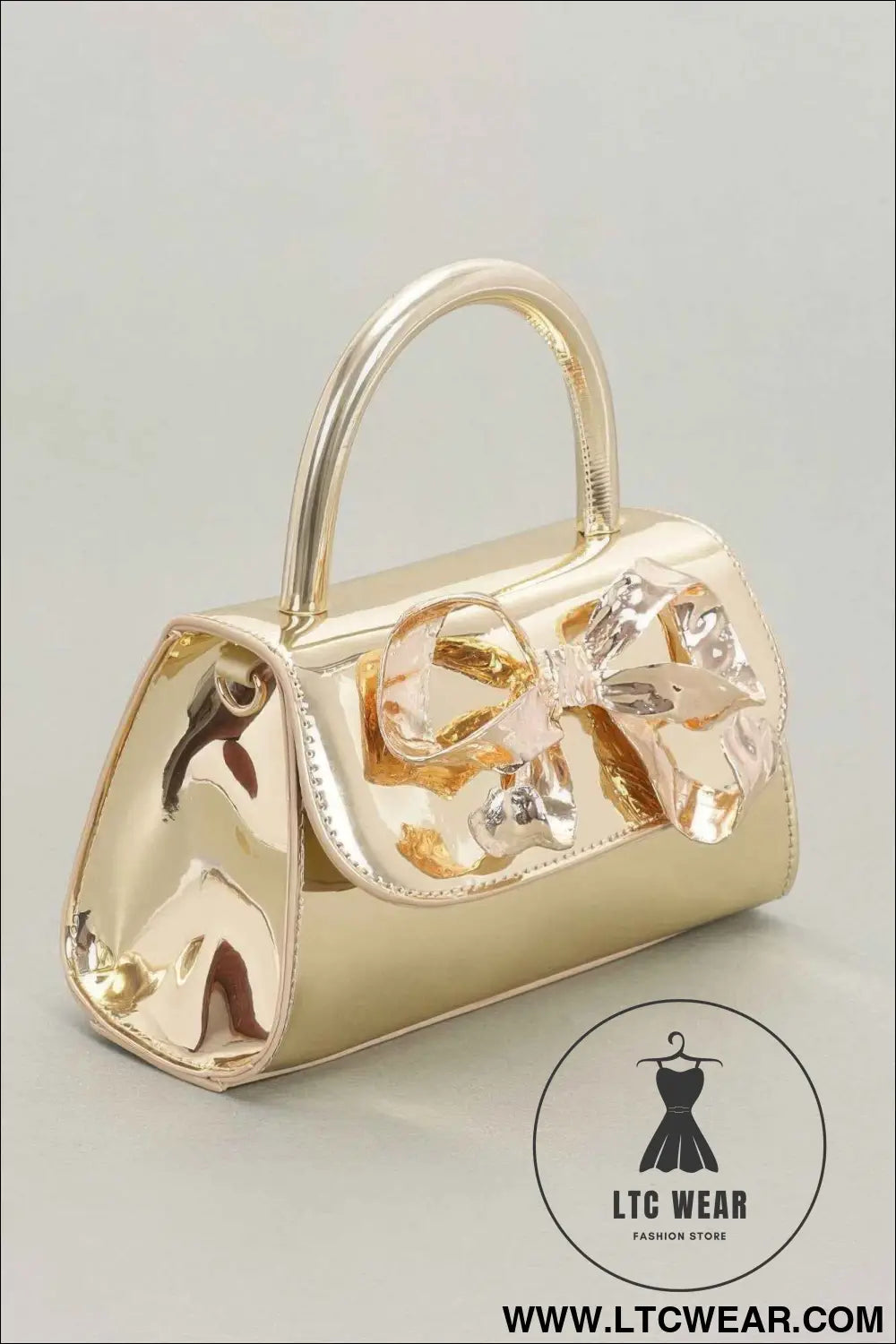 Faux Mirror Leather Ribbon Metal Top Handle Bag