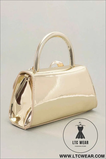 Faux Mirror Leather Ribbon Metal Top Handle Bag