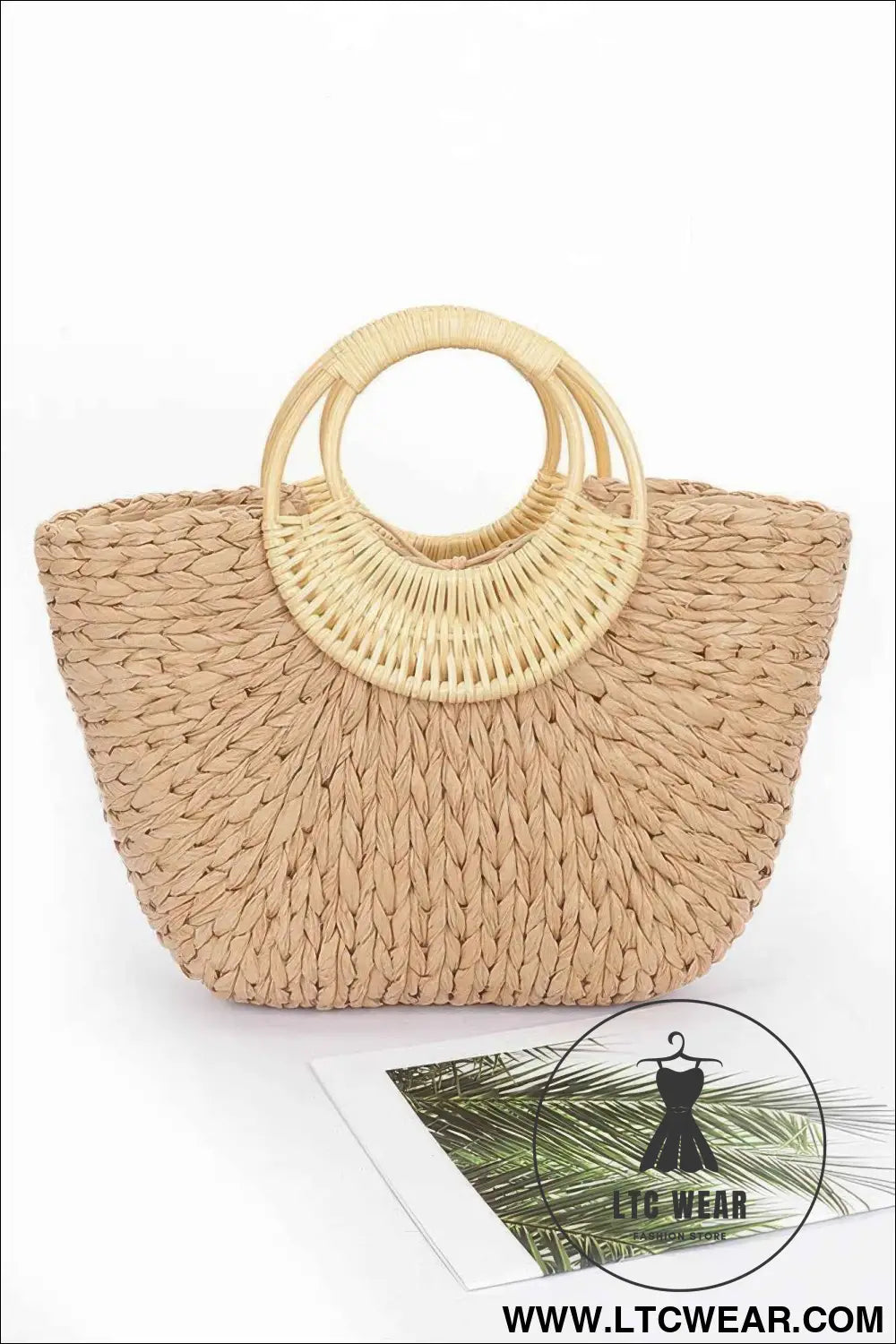 Faux Straw Bamboo Handle Tote Bag