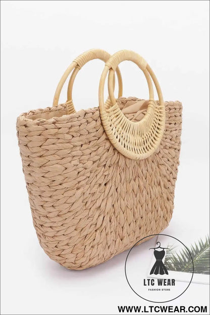 Faux Straw Bamboo Handle Tote Bag