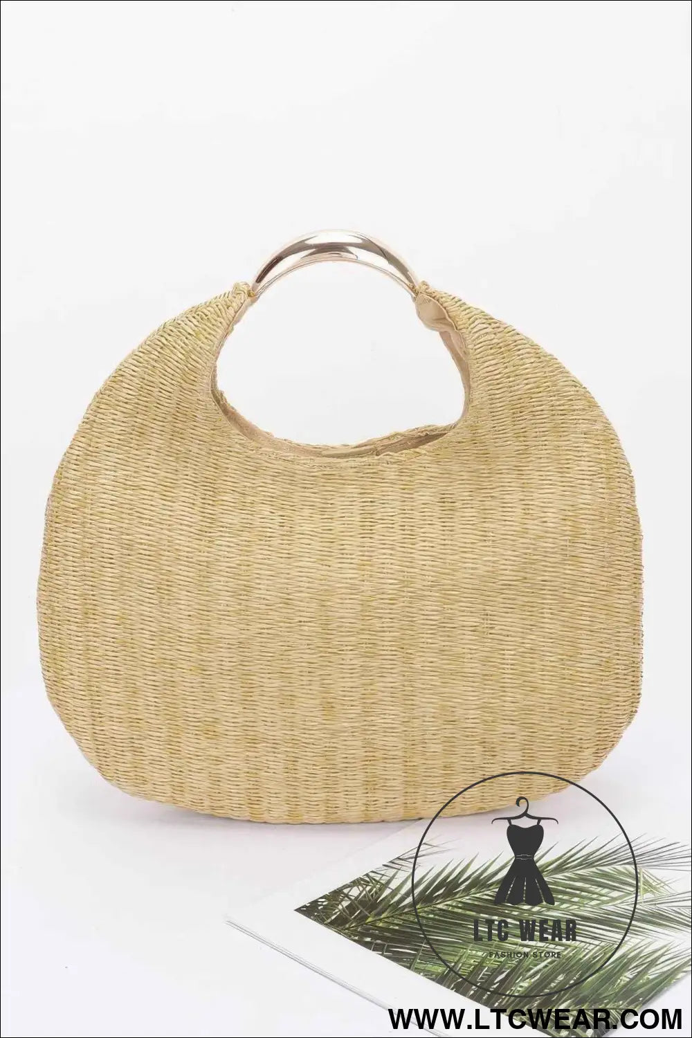 Faux Straw Metal Handle Hobo Bag