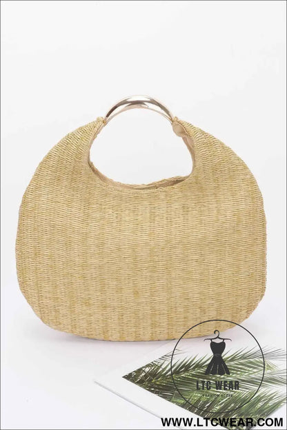 Faux Straw Metal Handle Hobo Bag