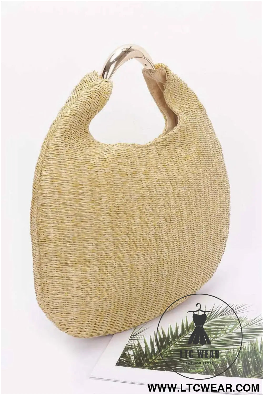 Faux Straw Metal Handle Hobo Bag