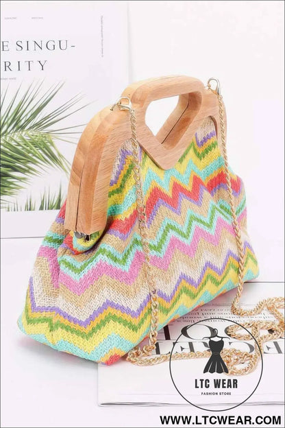 Faux Straw Wood Frame Clutch