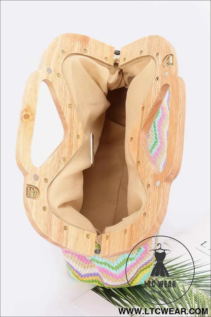 Faux Straw Wood Frame Clutch