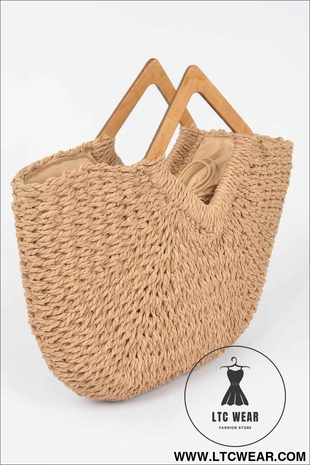 Faux Straw Wood Handle Tote Bag