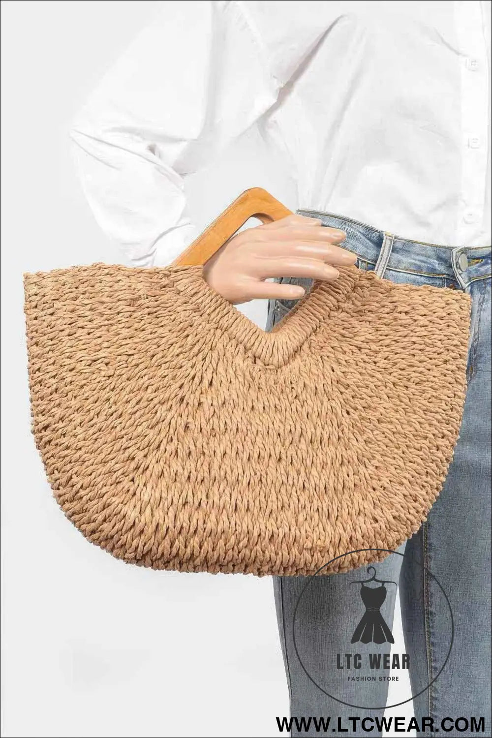 Faux Straw Wood Handle Tote Bag