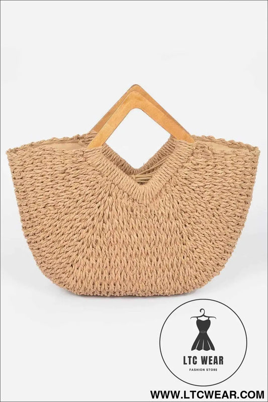 Faux Straw Wood Handle Tote Bag