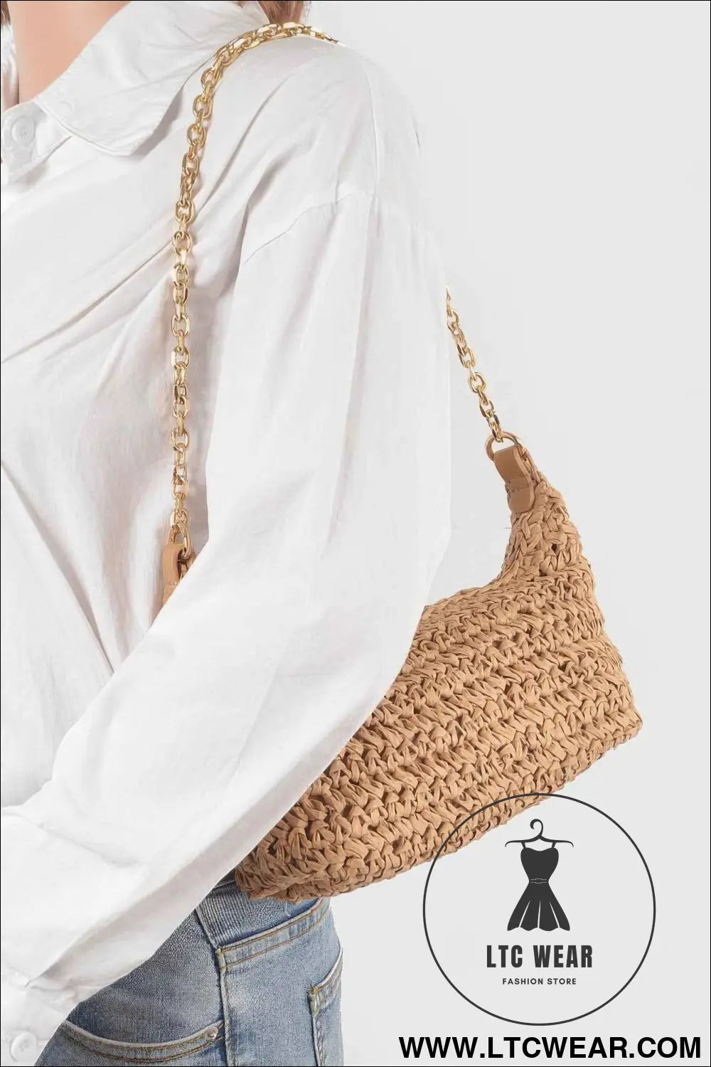 Faux Straw Zip Chain Shoulder Clutch