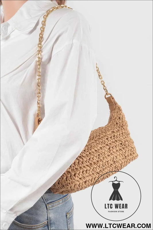 Faux Straw Zip Chain Shoulder Clutch