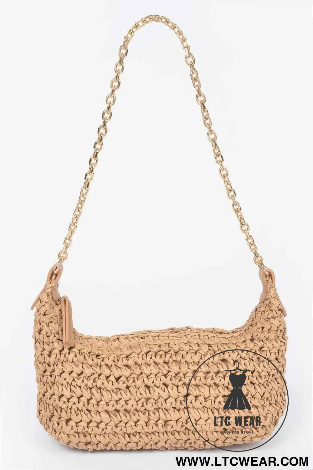 Faux Straw Zip Chain Shoulder Clutch