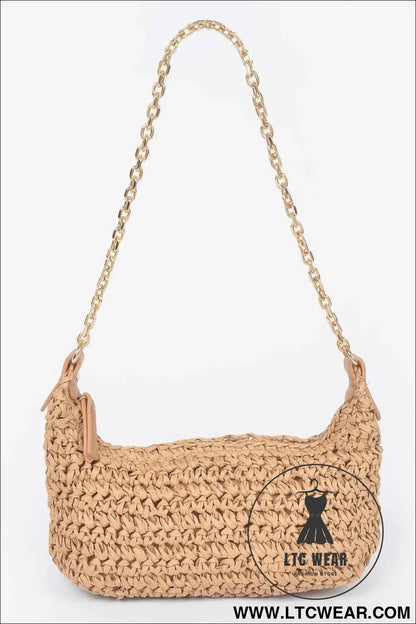 Faux Straw Zip Chain Shoulder Clutch