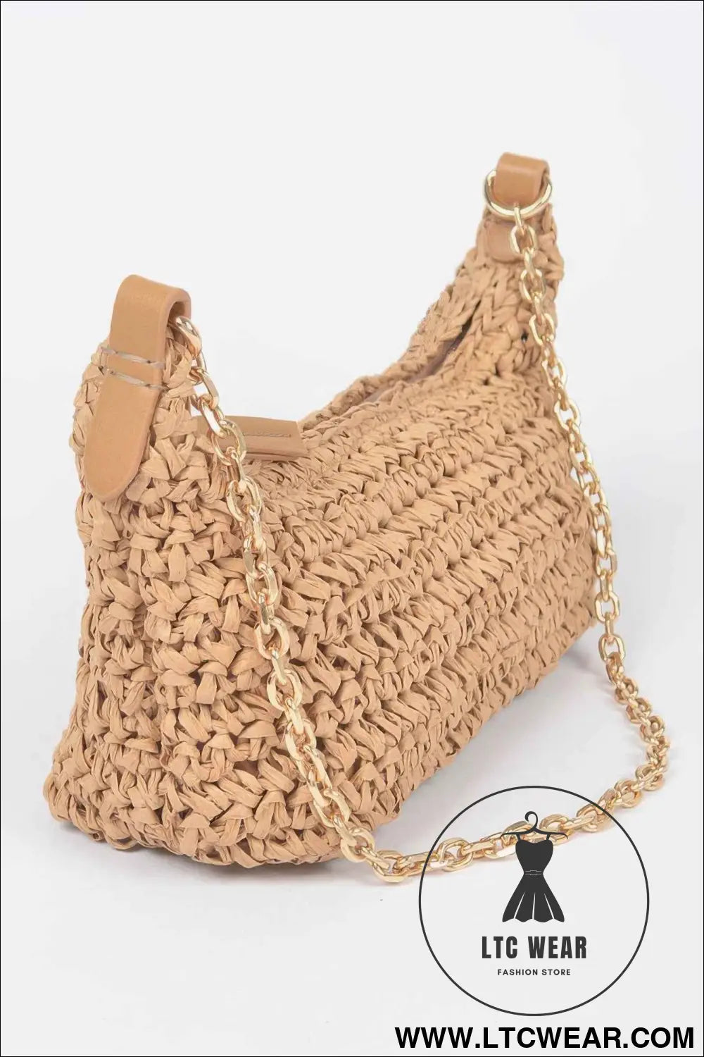 Faux Straw Zip Chain Shoulder Clutch