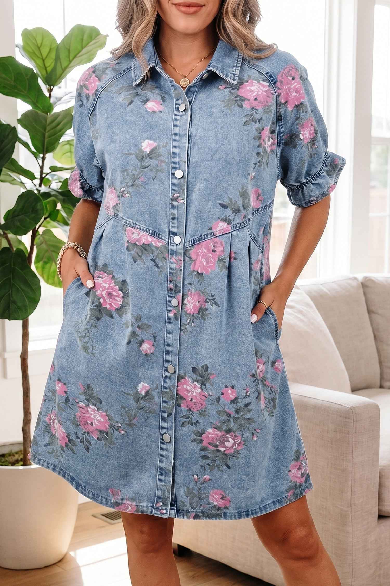 Sky Blue Floral Print Denim Short Sleeve Button Down Dress